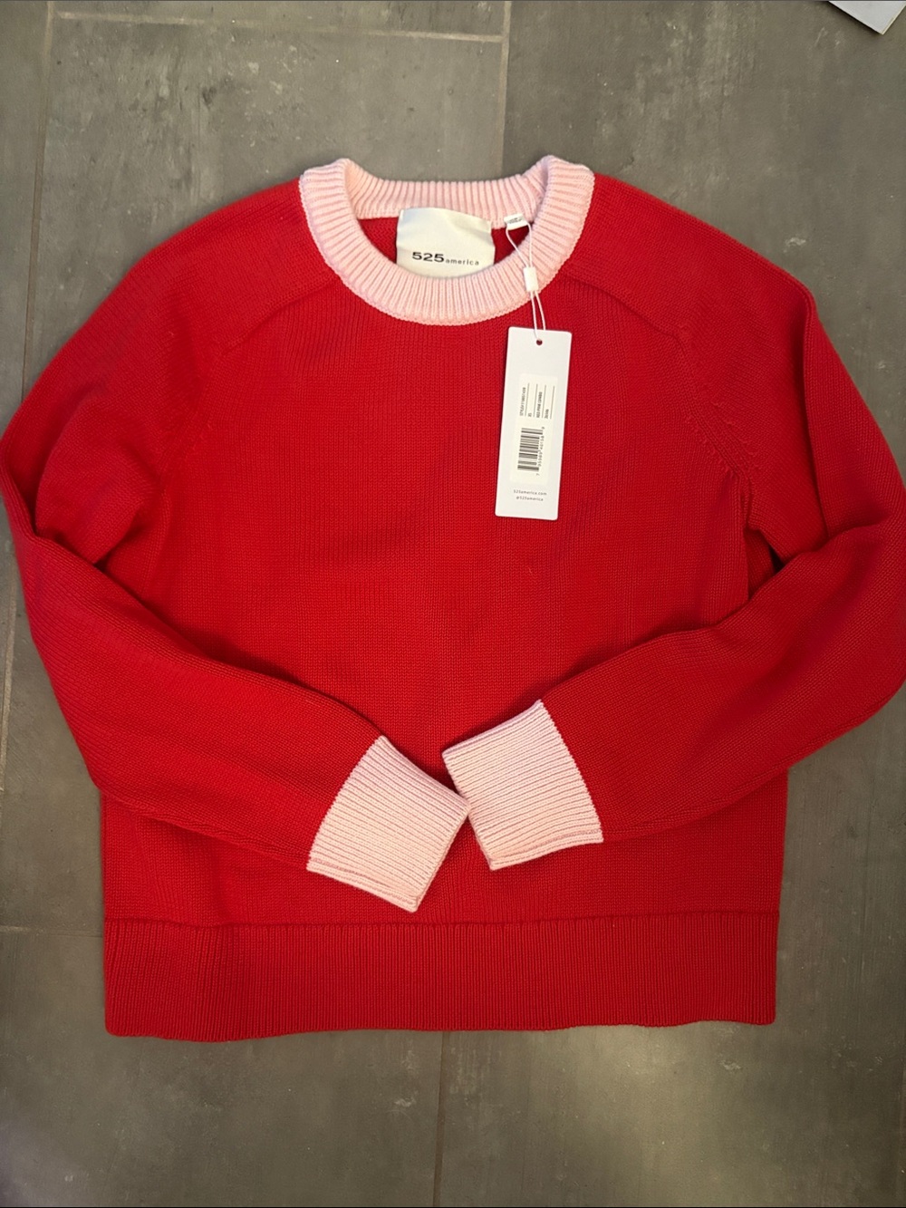 525 America Red Crew Sweater with Pink Ribbed Trim